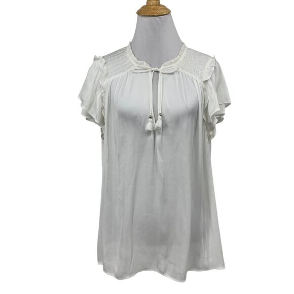 Paige Blouse Womens L Large White Laramie Matte Satin Flutter Sleeves Tassel Top - Picture 1 of 15